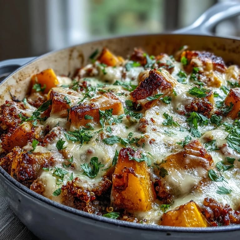 Freshly baked Cozy Butternut Squash & Sausage Casserole steams gently in a ceramic dish, garnished with fresh parsley for a cozy weeknight dinner.