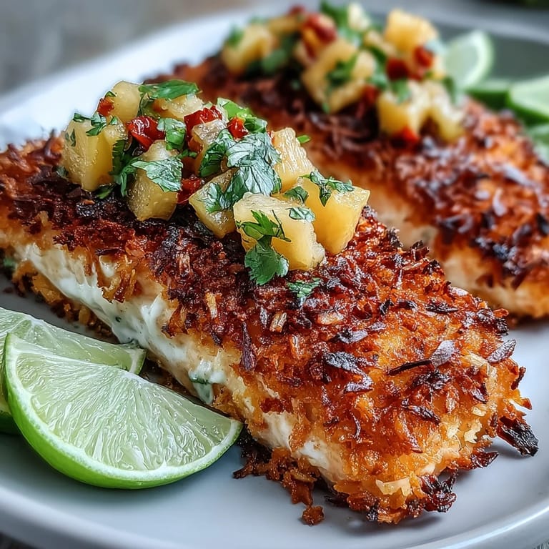 Sliced Coconut Crusted Salmon reveals its moist interior next to a colorful bowl of chunky Pineapple Salsa and fresh lime wedges.
