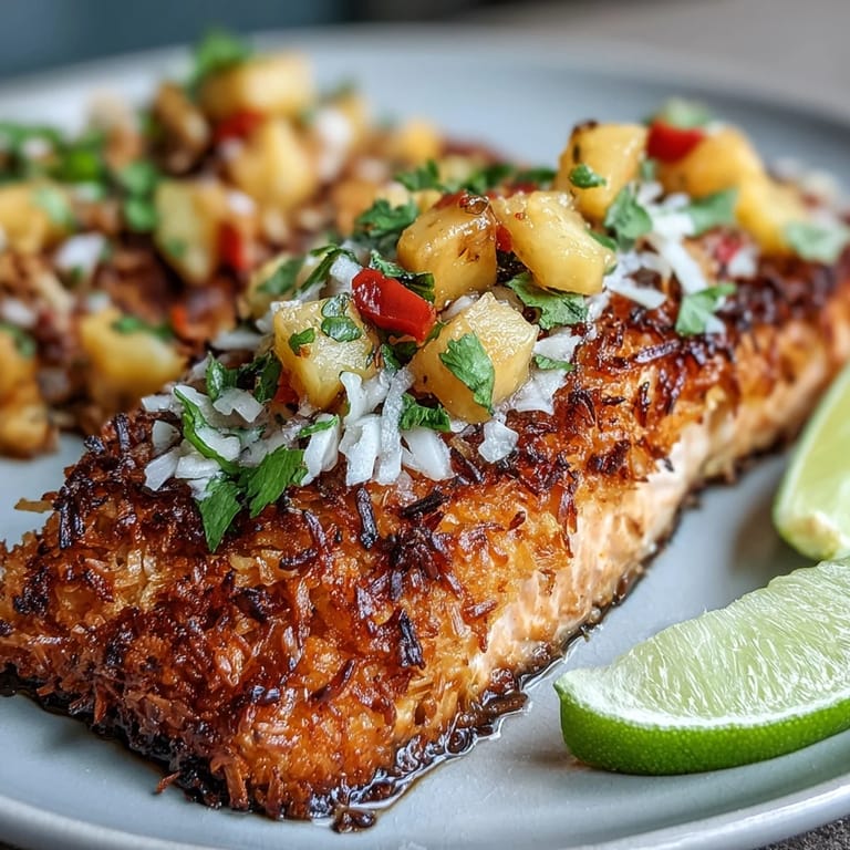 Close-up shot of Coconut Crusted Salmon with Pineapple Salsa, showing coconut flakes and panko crumbs clinging to the flaky fish.