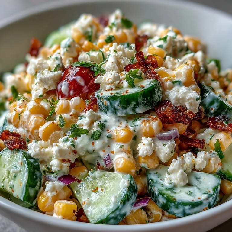 Creamy Street Corn Cucumber Salad in a rustic bowl, featuring sweet corn, juicy cherry tomatoes, red onion, and a zesty chili-lime sauce.