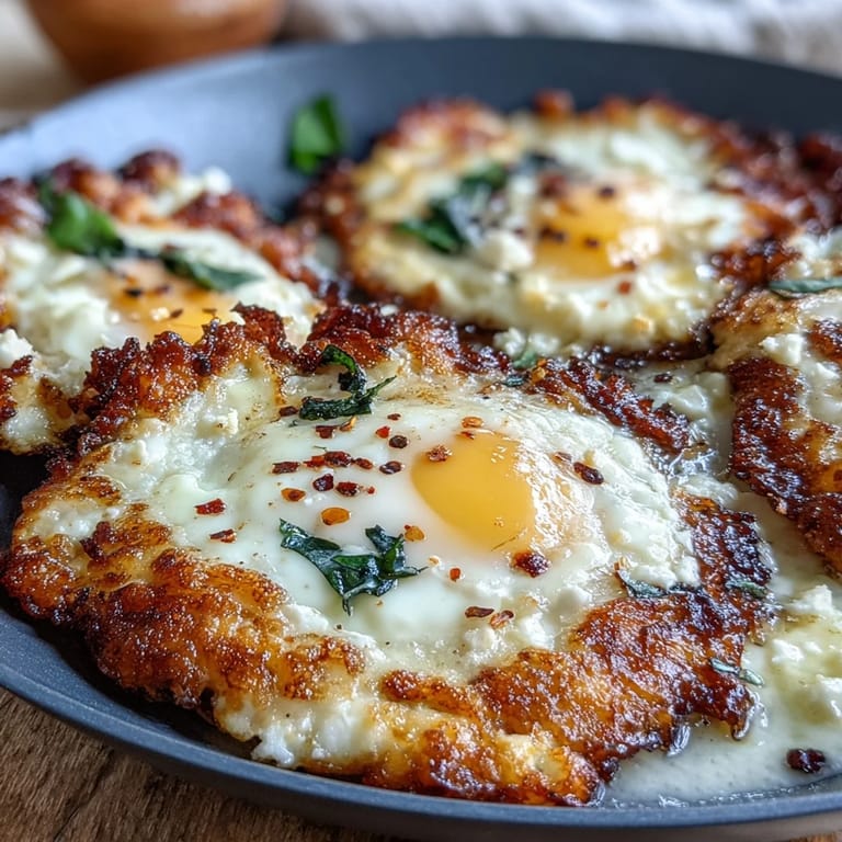 Crispy Feta Fried Eggs served on warm toasted bread with fresh herbs.