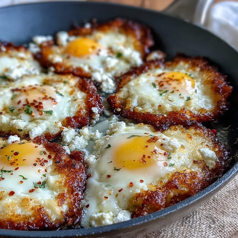 Sizzling feta edges frame runny yolks on a plate, garnished with red pepper flakes.