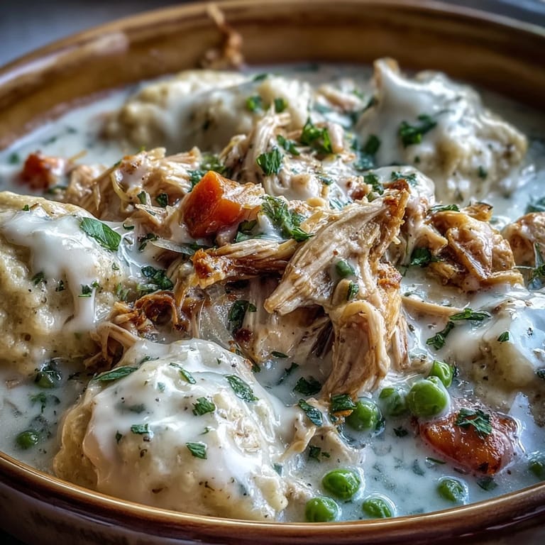 Shredded chicken and vegetables simmered in ranch-seasoned broth under tender drop dumplings for a hearty family dinner.