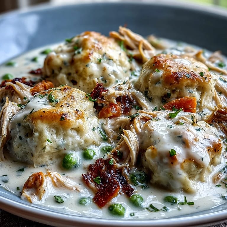Spoon serving of Slow Cooker Ranch Chicken & Dumplings into a bowl, garnished with fresh parsley and black pepper.