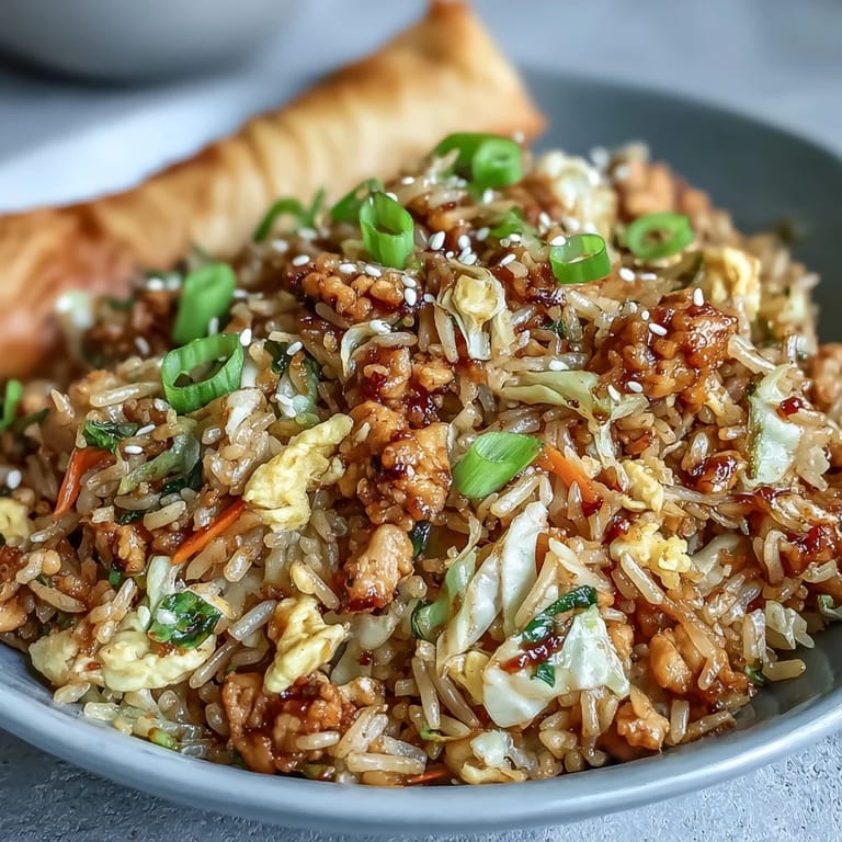 Sizzling skillet of Crispy Chicken Fried Rice with Egg Roll Flavors topped with sesame seeds, served alongside a small bowl of soy sauce.