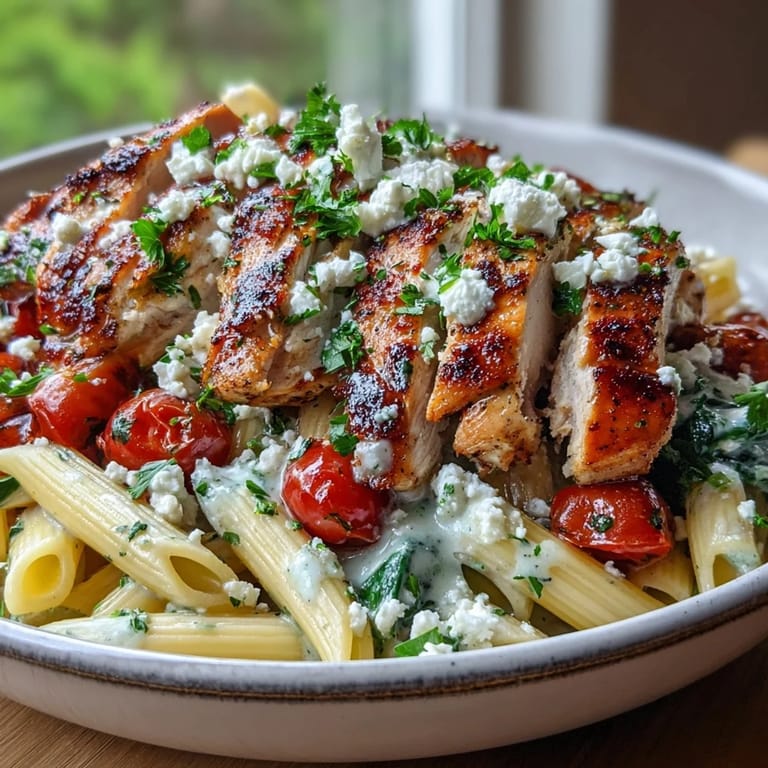 Close-up of Roasted Garlic & Feta Chicken Pasta with juicy chicken strips, wilted spinach, and a light lemony Greek yogurt sauce.