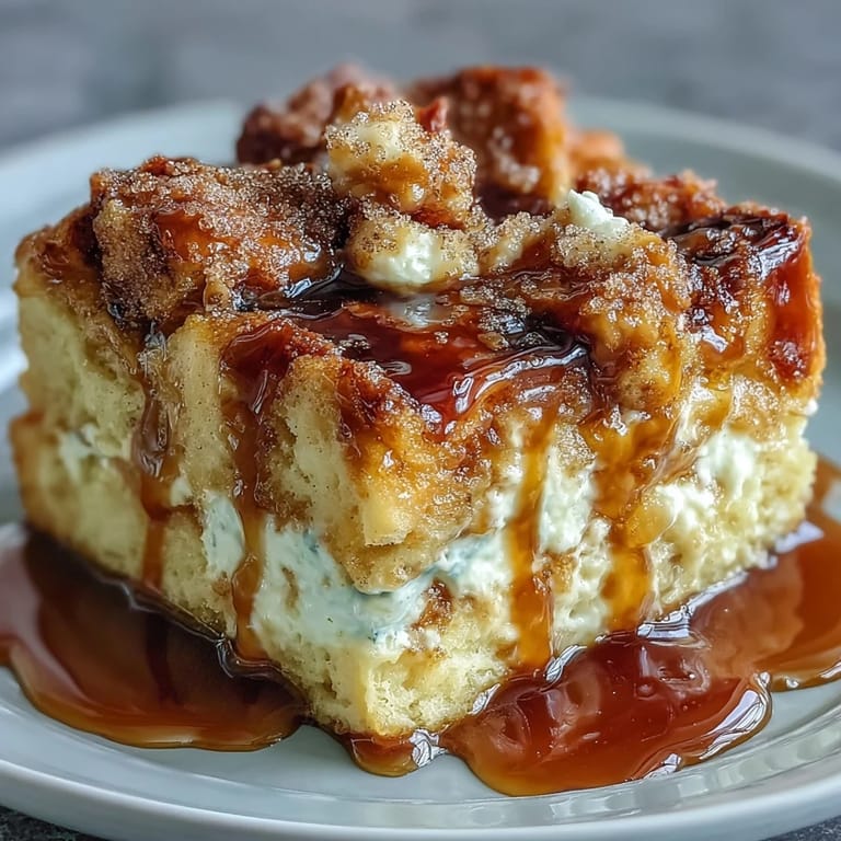 Slice of Caramel Cream Cheese French Toast Casserole on a plate, topped with berries and drizzled caramel.
