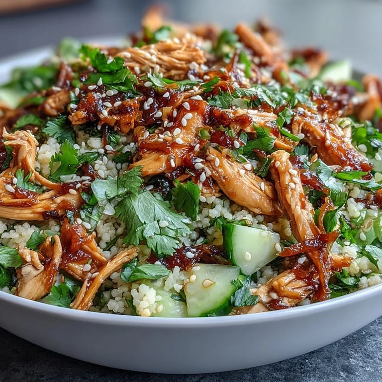 The bowl of Asian Sesame Chicken Couscous Salad features chewy couscous, juicy chicken, and crunchy cucumbers, drizzled with a savory, lightly spicy sesame dressing.