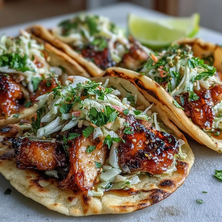Two golden honey garlic naan chicken tacos topped with tangy lime slaw, ready to fold and eat.