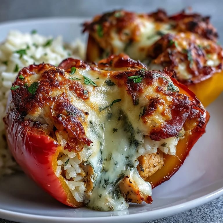 Plated Garlic Parmesan Chicken Stuffed Peppers served with fresh parsley and a green salad.