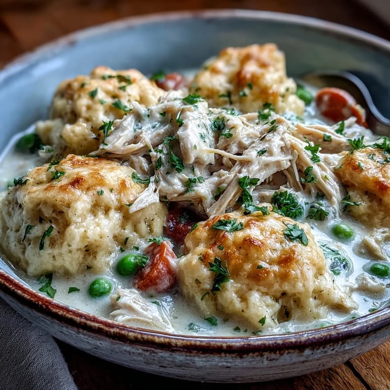 A comforting bowl of Slow Cooker Ranch Chicken & Dumplings served fresh for a family dinner.