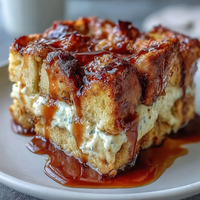 A close-up of Caramel Cream Cheese French Toast Casserole topped with fresh berries and whipped cream.