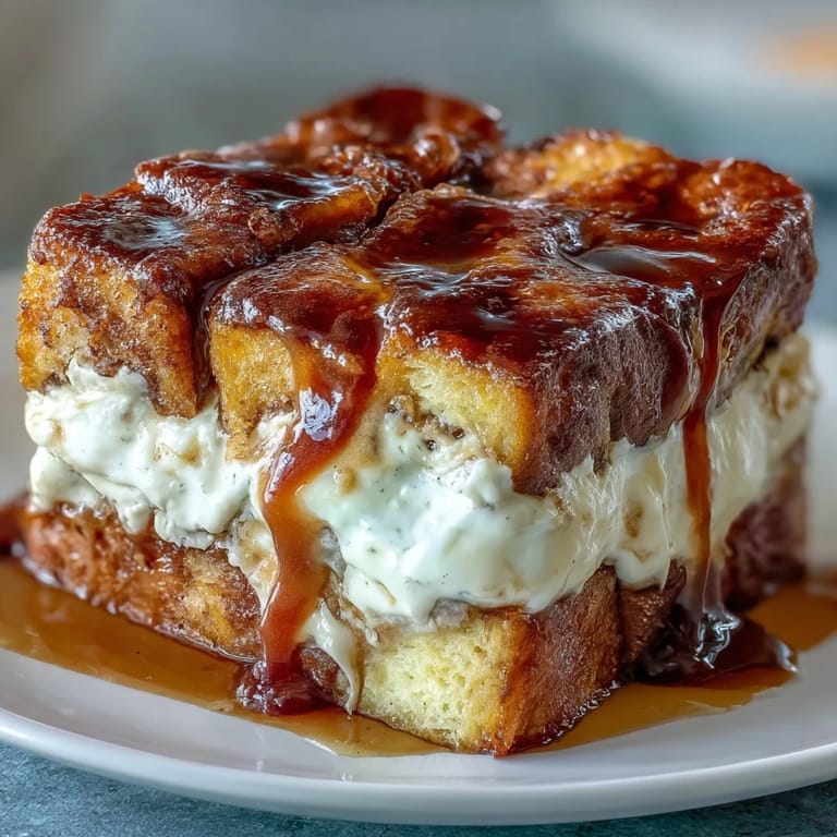 Sliced portion of warm Caramel Cream Cheese French Toast Casserole revealing creamy layers and rich caramel.