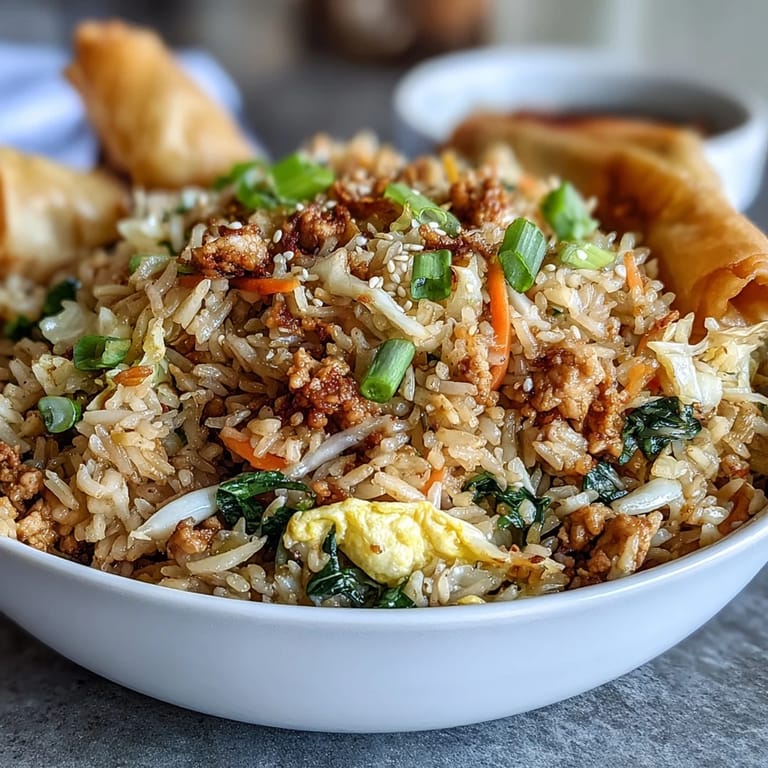 Freshly stir-fried Crispy Chicken Fried Rice with Egg Roll Flavors, featuring crisp cabbage, carrots, and golden scrambled egg ribbons.