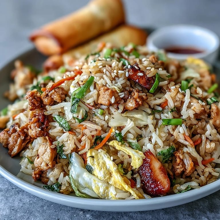 Hearty Crispy Chicken Fried Rice with Egg Roll Flavors served in a skillet with crispy fried onions and a drizzle of soy sauce.