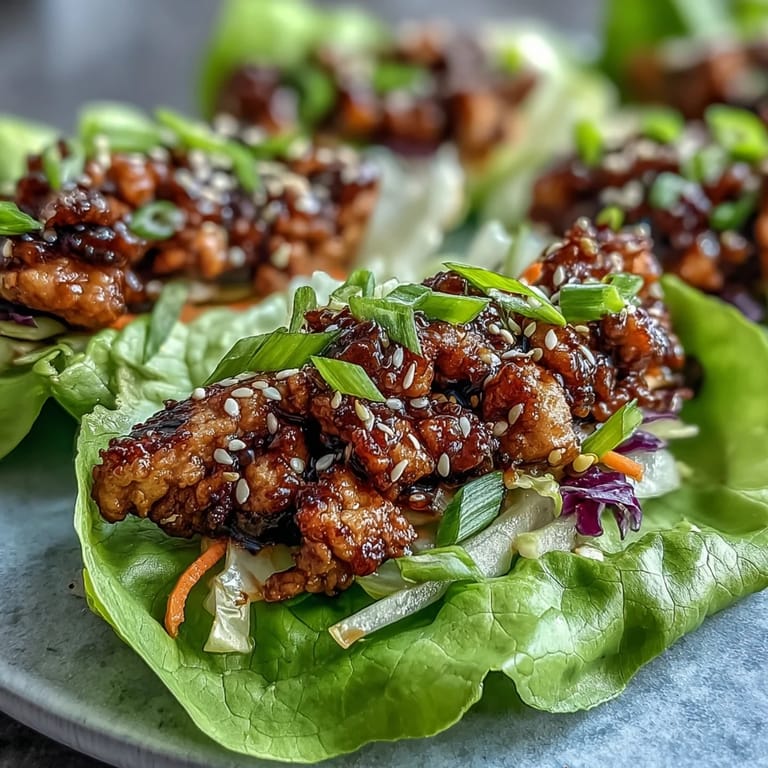 Golden brown ground chicken filling inside tender lettuce cups, garnished with sesame seeds and scallions for a low carb meal.