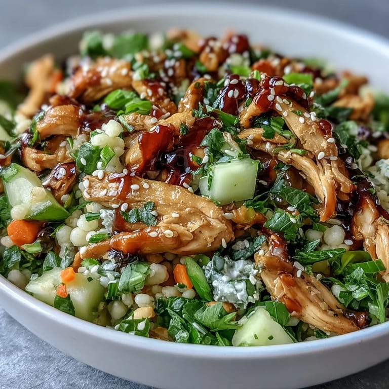 Fork-held Asian Sesame Chicken Couscous Salad highlights juicy chicken, pearl couscous, carrots, and mint for a quick, healthy meal.