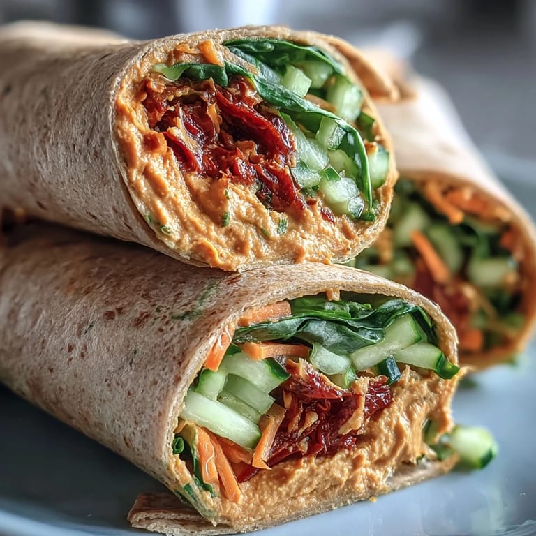 Two halves of a Vegan Sun-Dried Tomato Hummus Veggie Wrap on a plate, showing colorful spinach and bell pepper fillings. 