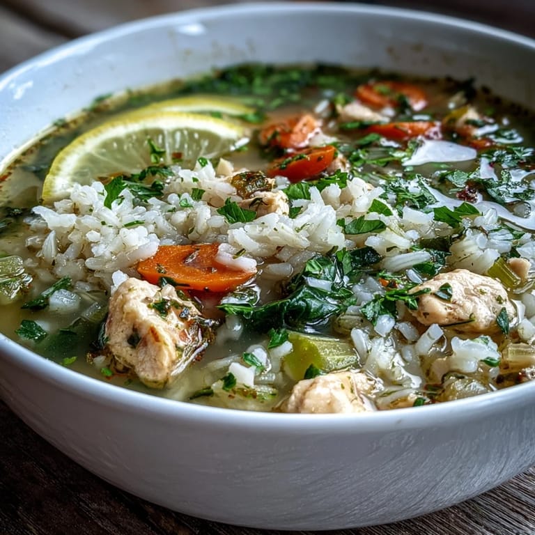 Spoon lifting tender chicken, fluffy rice, and spinach from a cozy One-Pot Lemon Chicken Rice Soup with Veggies.