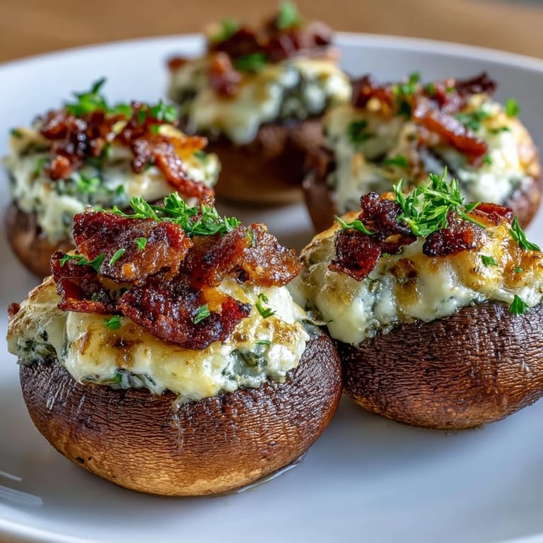 Tender white mushroom caps brimming with savory Keto Bacon and Cheese Stuffed Mushrooms, garnished with fresh parsley and ready to serve warm.