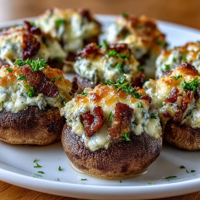 Golden brown Keto Bacon and Cheese Stuffed Mushrooms bubbling on a baking sheet, filled with creamy cheddar and topped with crispy bacon bits.