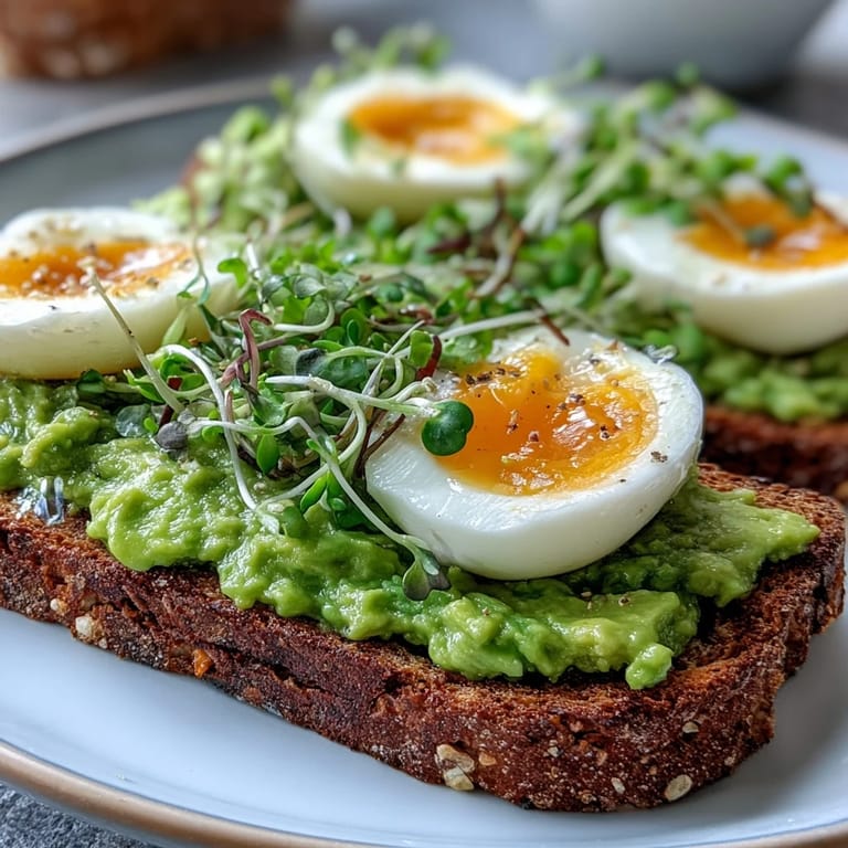 A close-up of Clean Eating Avocado Toast with Soft-Boiled Egg and Microgreens, showing a creamy, golden yolk.