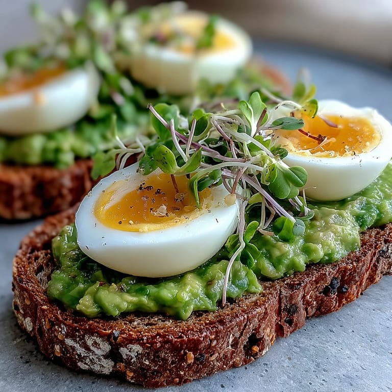 Freshly made Clean Eating Avocado Toast with Soft-Boiled Egg and Microgreens, garnished with lemon and red pepper flakes.