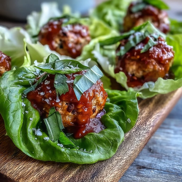 Baked turkey meatballs in lettuce cups, drenched in homemade marinara, a light and satisfying low carb dinner.