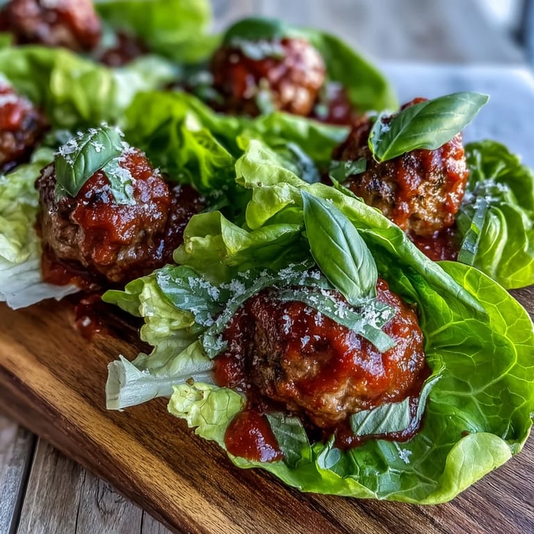 Fork-ready Skinny Turkey Meatball Lettuce Wraps with Marinara topped with bright red sauce and fresh basil.