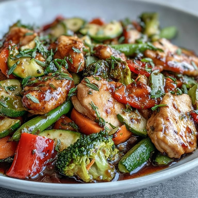 A close-up of easy High-Protein Chicken and Veggie Stir-Fry with colorful bell peppers, snap peas, and tender meat.