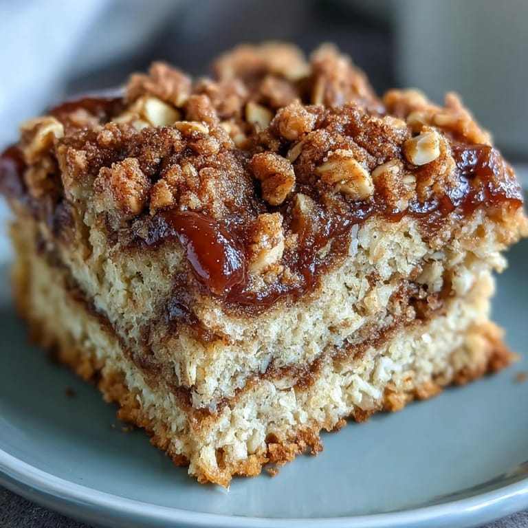 A warm slice of High-Protein Cinnamon Swirl Coffee Cake Oats on a plate, ready for drizzling with maple syrup.
