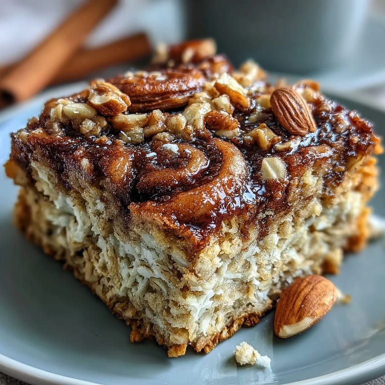 Freshly baked High-Protein Cinnamon Swirl Coffee Cake Oats served with a dollop of Greek yogurt and fresh berries.