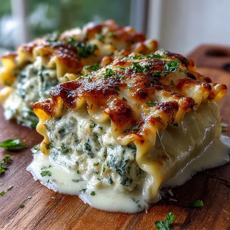 Twisted pasta spirals stuffed with ricotta and spinach are served on a white plate with fresh basil garnish.