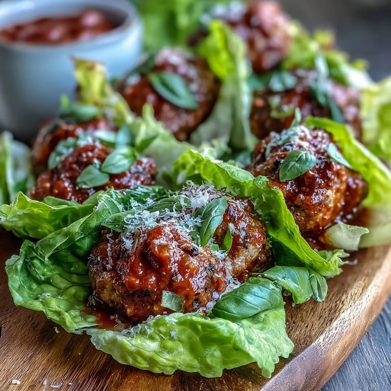 Fork-ready Skinny Turkey Meatball Lettuce Wraps with Marinara topped with bright red sauce and fresh basil.