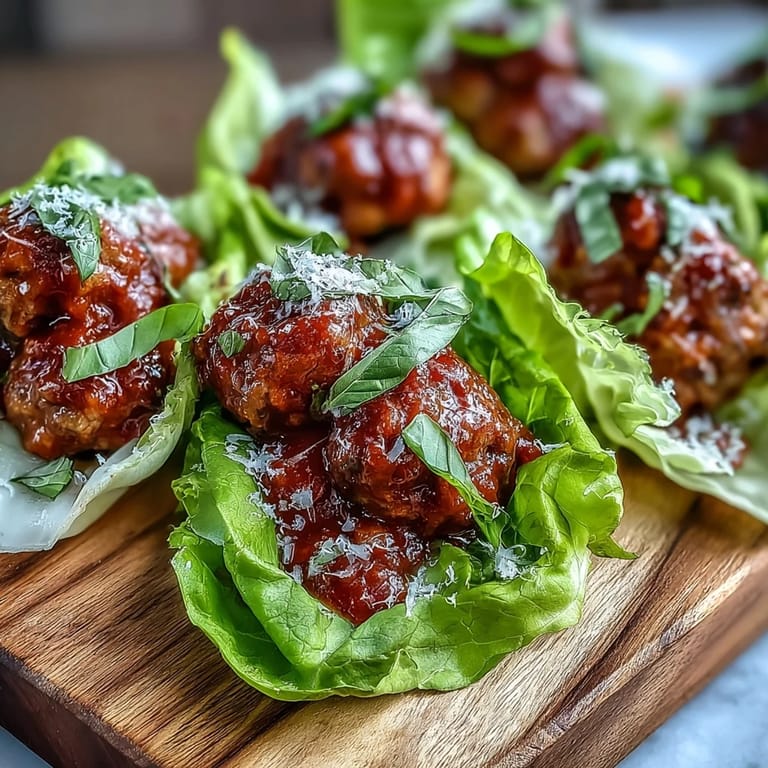 Baked turkey meatballs in lettuce cups, drenched in homemade marinara, a light and satisfying low carb dinner.