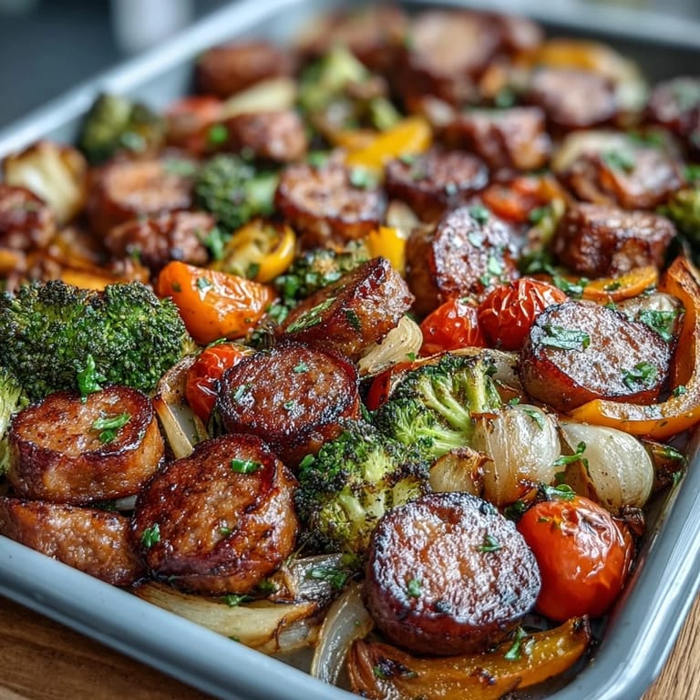 Family-friendly one-pan meal of sausage and vibrant veggies, seasoned with smoked paprika and roasted until tender.  