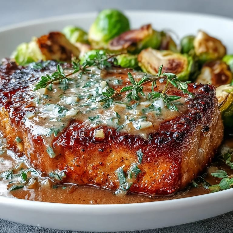 Tender pork chops glazed in tangy Dijon mustard cream sauce, plated with caramelized roasted Brussels sprouts for a low-carb, flavorful meal.