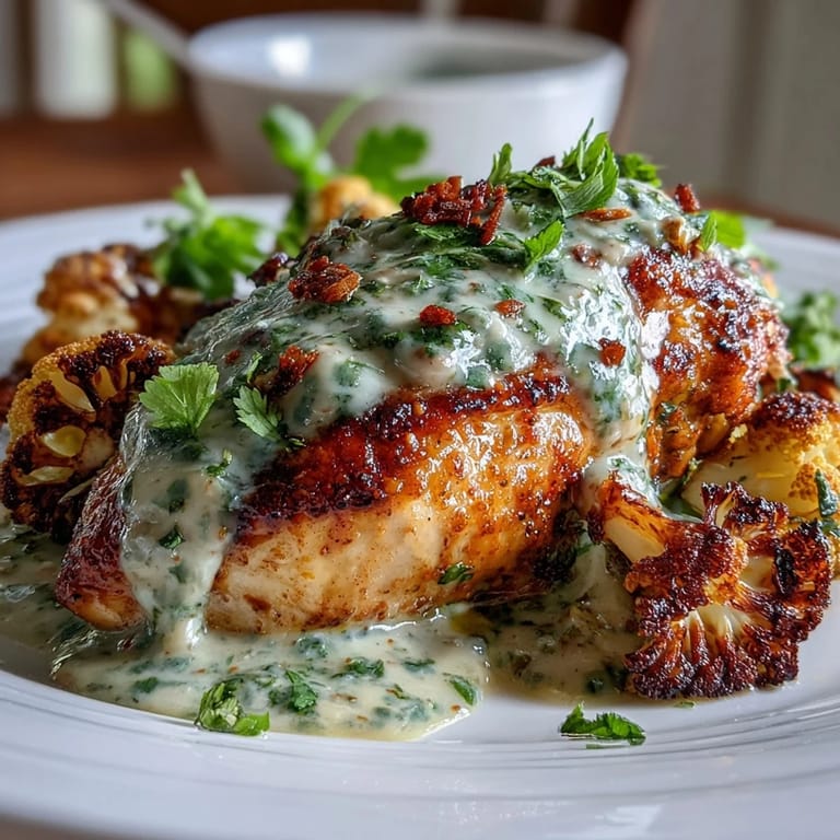 Tender seared chicken breasts in a smoky, cheesy poblano sauce, served with golden roasted cauliflower florets for a satisfying keto dinner.