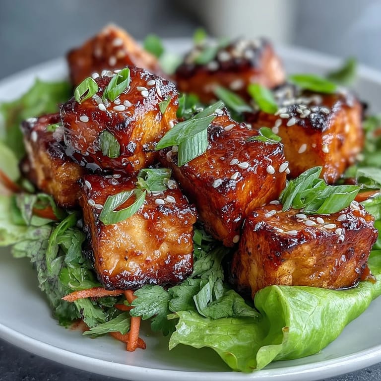 Colorful lettuce cups packed with sweet chili glazed tofu and crisp red cabbage, carrot, and bell pepper slaw, perfect for a light vegan appetizer or main dish.