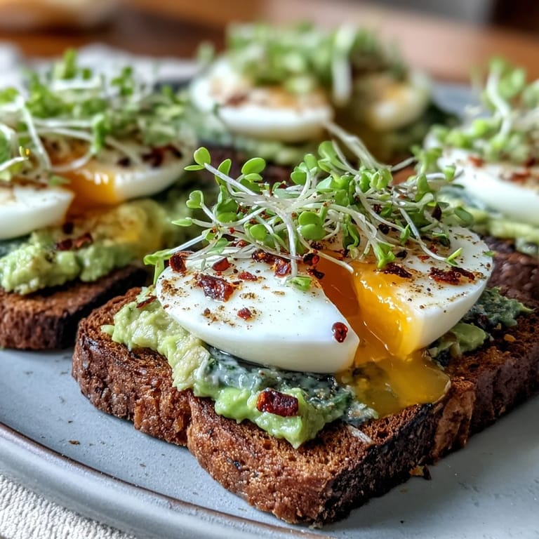 Creamy mashed avocado spread over toasted sourdough, crowned with a perfectly cooked egg and delicate microgreens for a nourishing breakfast.  