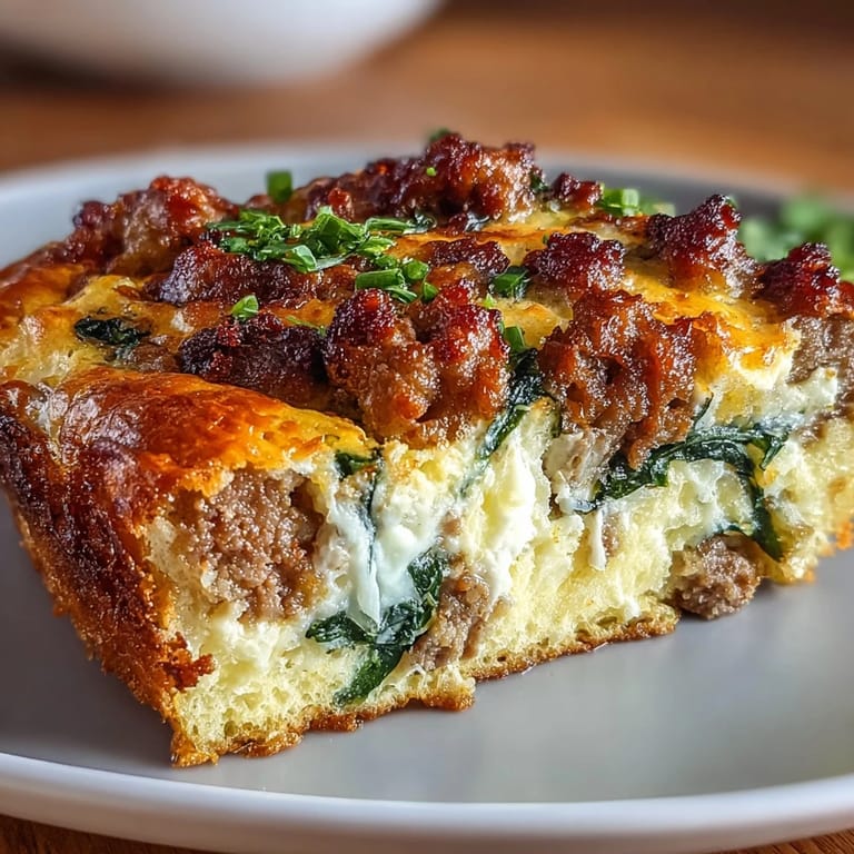 Fluffy baked eggs mixed with savory sausage, fresh spinach, and melted cheddar in a low-carb breakfast casserole.