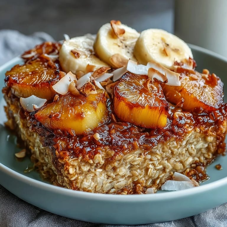 Hearty breakfast bake featuring oats, banana, and coconut milk, topped with crunchy nuts and sweet dried mango for a tropical twist.
