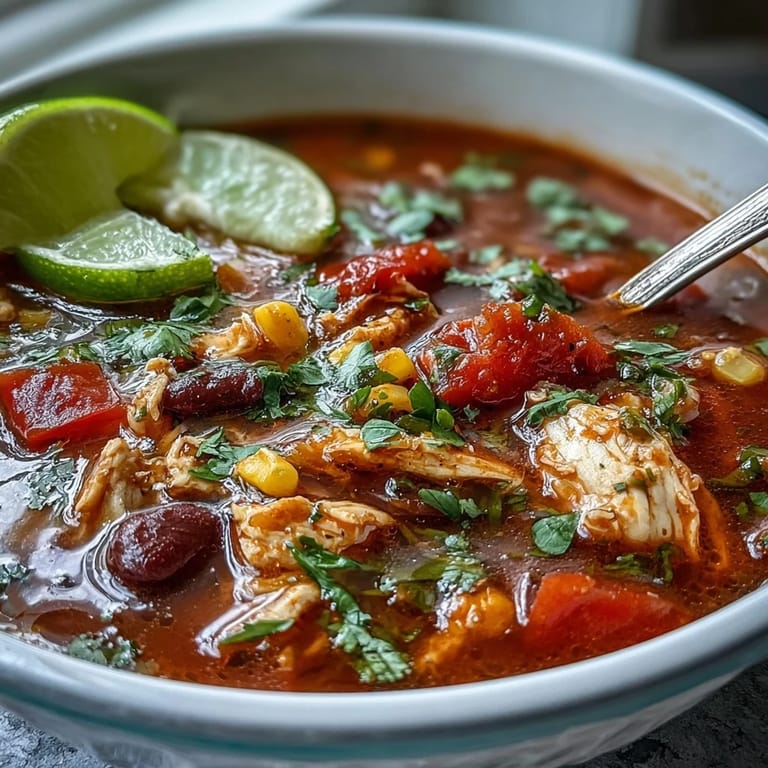Vibrant bowl of chicken taco soup with colorful diced vegetables, black beans, and kidney beans in a rich tomato broth.  
