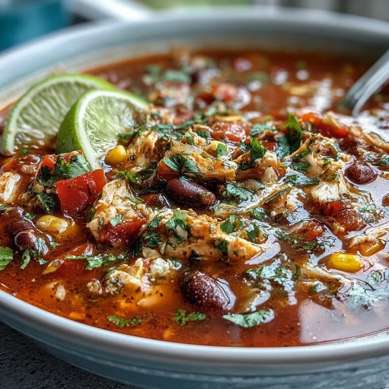 Hearty chicken taco soup loaded with lean chicken, bell peppers, zucchini, and beans, topped with lime wedges and shredded cheese.