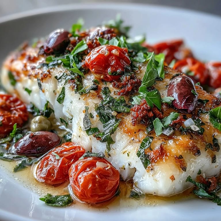Healthy Mediterranean dinner featuring baked cod topped with vibrant herbs, tomatoes, and Kalamata olives, ready to serve.