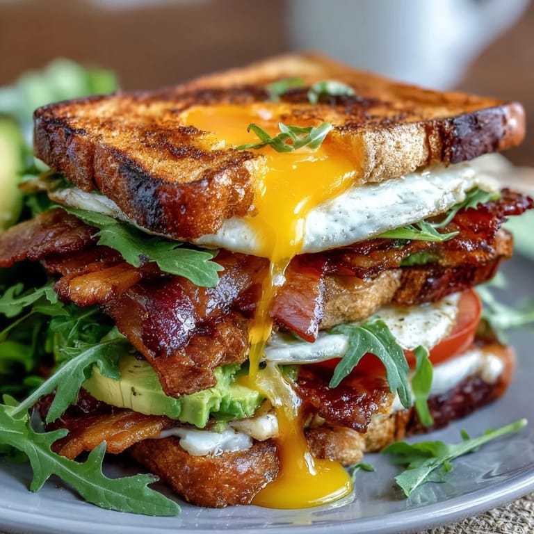 A mouthwatering Sourdough Avocado BLT Breakfast Stack featuring ripe avocado, crispy bacon, juicy tomatoes, and a luscious runny egg yolk.