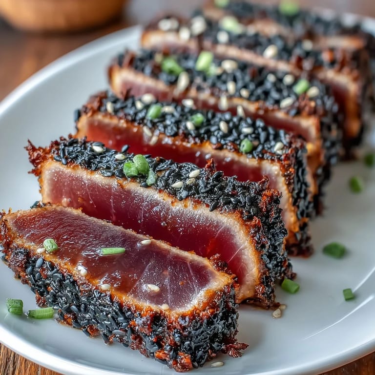 Crispy black sesame crusted tuna steak, sliced rare and drizzled with creamy wasabi mayonnaise for a bold, flavorful bite.