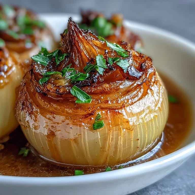 Whole onions simmered in fragrant vegetable broth with garlic and smoked paprika, served hot for immersive, ASMR-style eating pleasure.