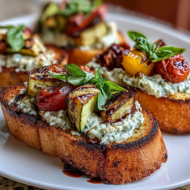 Golden crostini brushed with garlic butter, layered with herbed ricotta and a vibrant mix of charred vegetables for a flavorful bite. Ideal for light snacks or starters.
