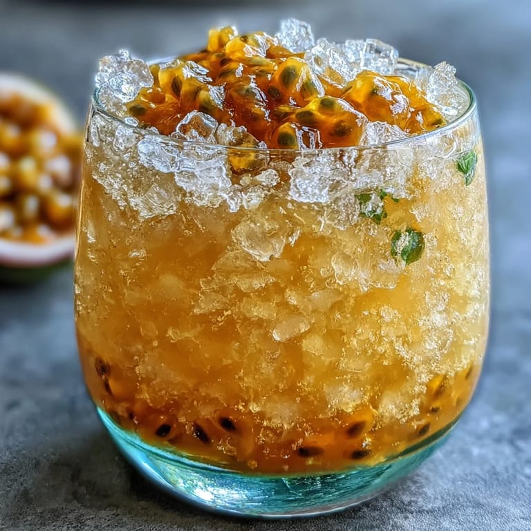 Bright, tangy passionfruit granita with a delicate, flaky texture, garnished with fresh mint for a stunning finish.